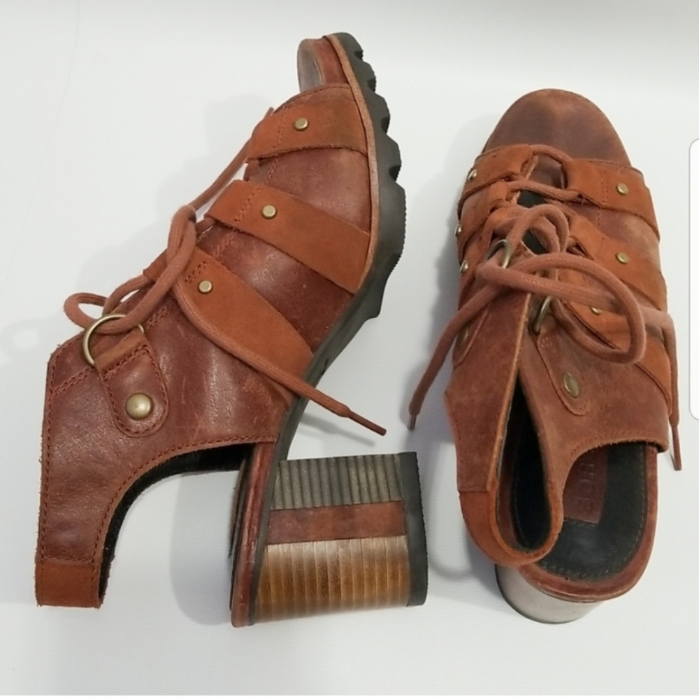 SOREL Brown Leather Lace Up Peep Toe Heels 8.5